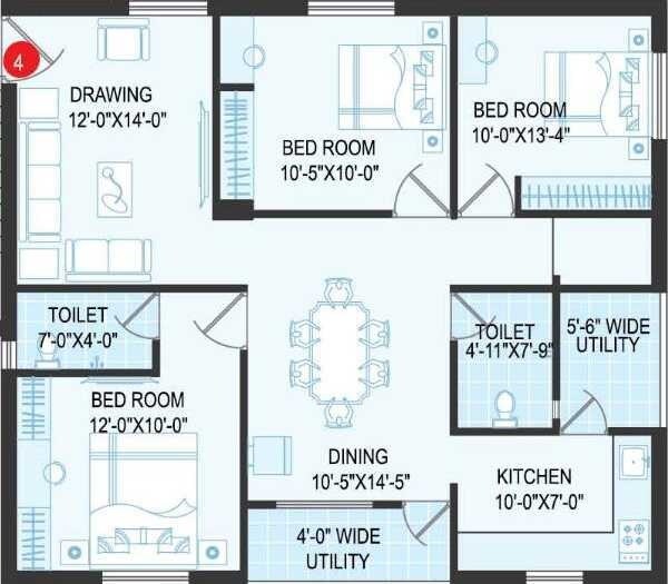 Floor plan of 3 BHK 1308 Sq. Ft. Apartment in Pooja Sapphire, Hyderabad