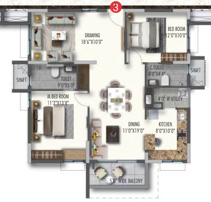 Floor plan of 2 BHK 1310 Sq. Ft. Apartment in Poulomi Avante, Hyderabad