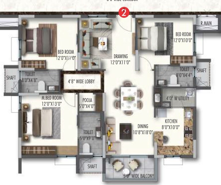 Floor plan of 3 BHK 1530 Sq. Ft. Apartment in Poulomi Avante, Hyderabad