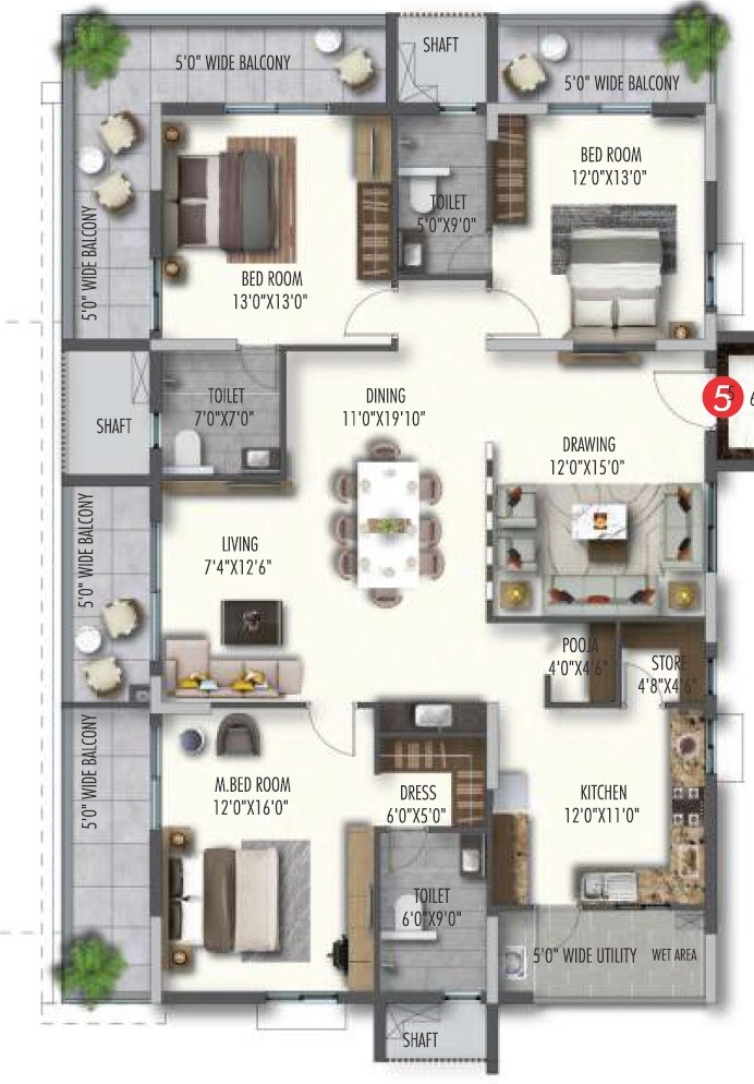 Floor plan of 3 BHK 2540 Sq. Ft. Apartment in Poulomi Avante, Hyderabad