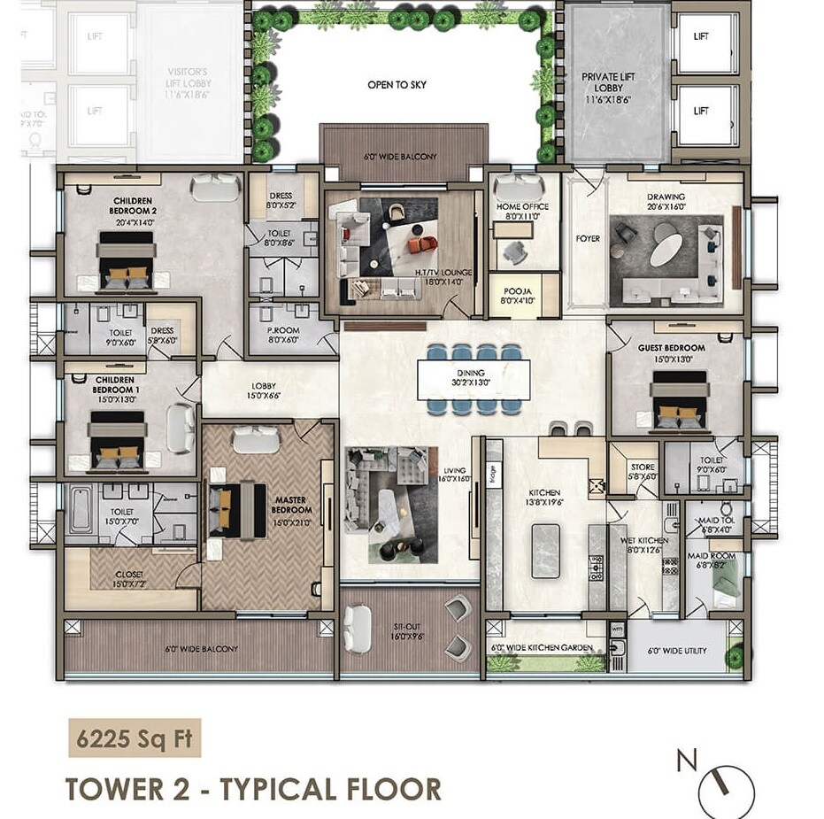 Floor plan of 4 BHK 6225 Sq. Ft. Apartment in Poulomi Palazzo, Hyderabad