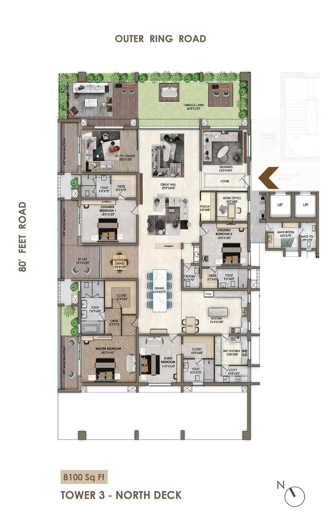 Floor plan of 4 BHK 8100 Sq. Ft. Apartment in Poulomi Palazzo, Hyderabad
