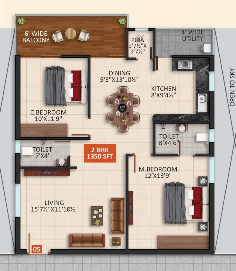 2 BHK 1350 Sq. Ft. Apartment