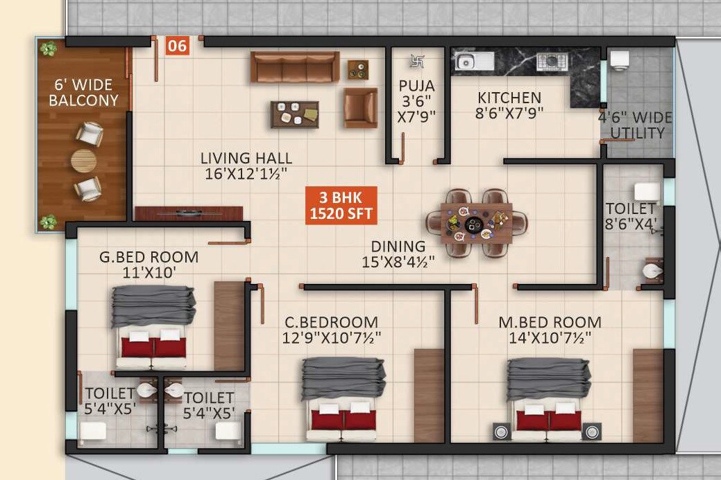 Floor plan of 3 BHK 1520 Sq. Ft. Apartment in PR Sunridge Homes, Hyderabad