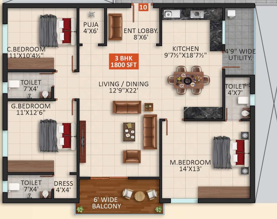 3 BHK 1800 Sq. Ft. Apartment