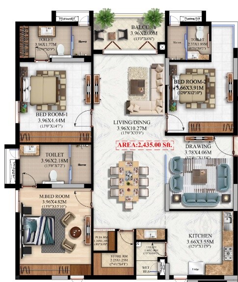 Floor plan of 3 BHK 2435 Sq. Ft. Apartment in Pradeep Bliss, Hyderabad
