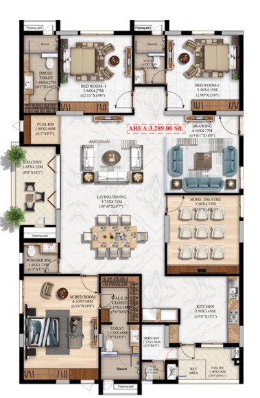 Floor plan of 3 BHK 3289 Sq. Ft. Apartment in Pradeep Bliss, Hyderabad