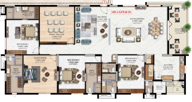 Floor plan of 4 BHK 5078 Sq. Ft. Apartment in Pradeep Bliss, Hyderabad