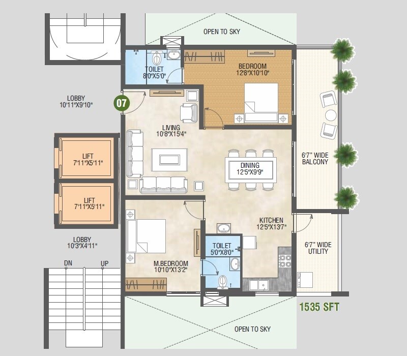 Floor plan of 2 BHK 1535 Sq. Ft. Apartment in Pragathi Green Woods, Hyderabad