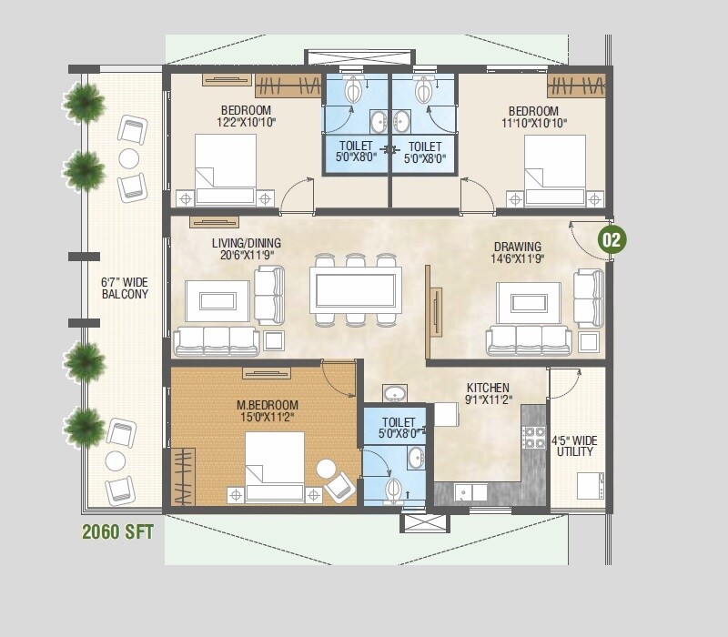 Floor plan of 3 BHK 2060 Sq. Ft. Apartment in Pragathi Green Woods, Hyderabad