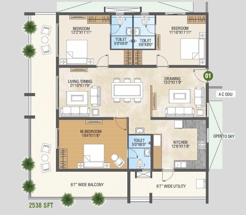 Floor plan of 3 BHK 2538 Sq. Ft. Apartment in Pragathi Green Woods, Hyderabad