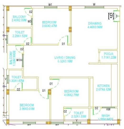 Floor plan of 3 BHK 1900 Sq. Ft. Apartment in Pragathi Homes Infinity, Hyderabad