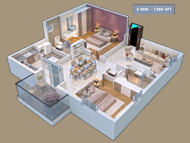 Floor plan of 2 BHK 1260 Sq. Ft. Apartment in Pragathi Western Square, Hyderabad