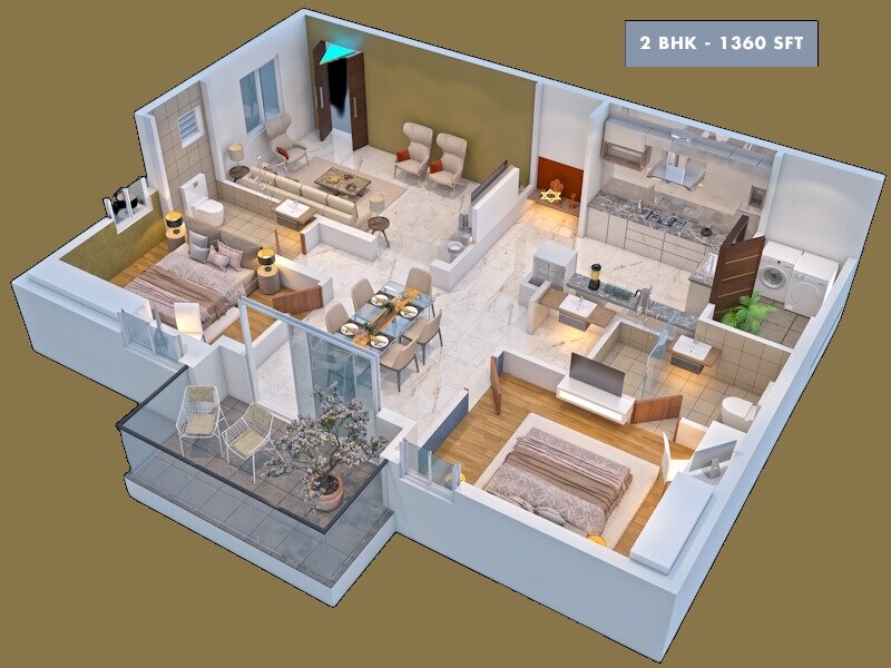 Floor plan of 2 BHK 1360 Sq. Ft. Apartment in Pragathi Western Square, Hyderabad