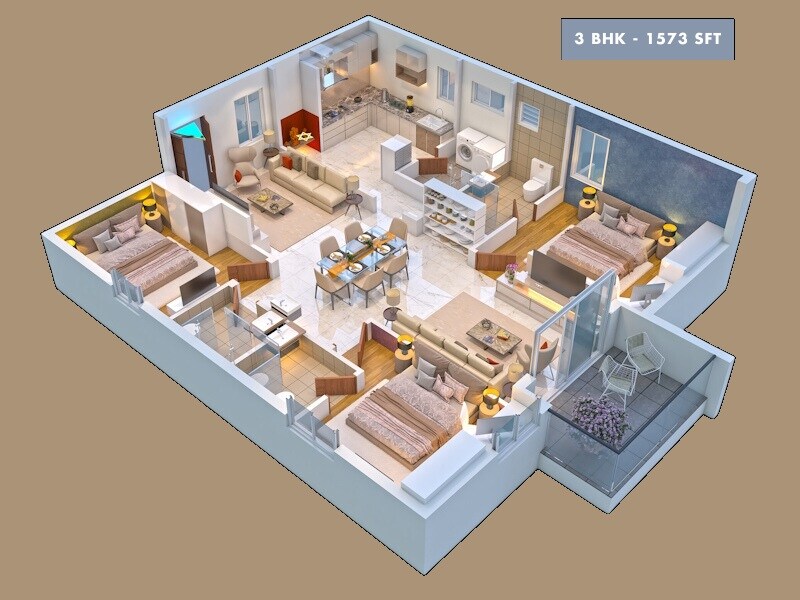 Floor plan of 3 BHK 1573 Sq. Ft. Apartment in Pragathi Western Square, Hyderabad