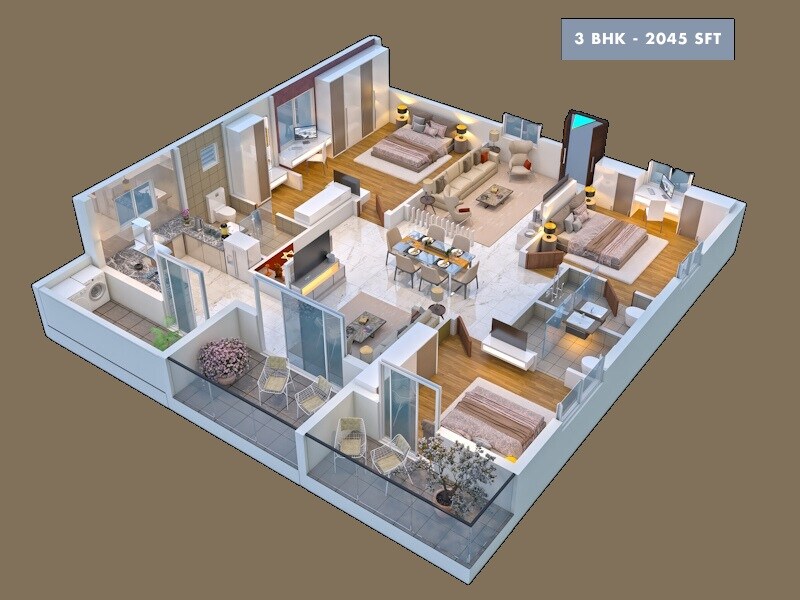 Floor plan of 3 BHK 2045 Sq. Ft. Apartment in Pragathi Western Square, Hyderabad