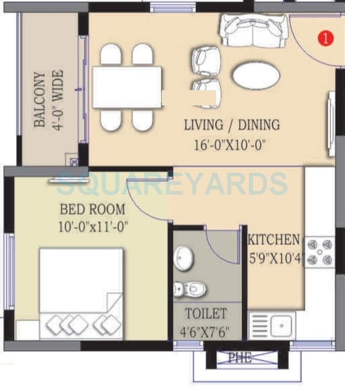 Floor plan of 1 BHK 616 Sq. Ft. Apartment in Prajay Megapolis, Hyderabad