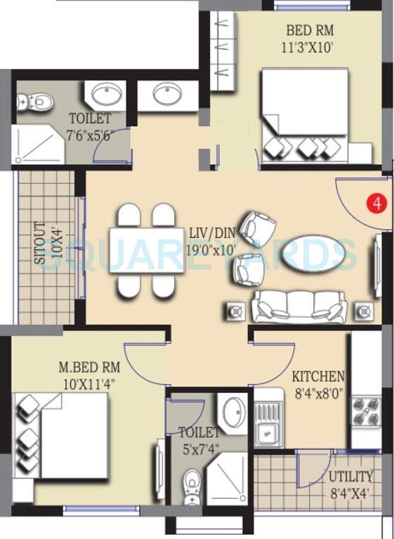 Floor plan of 2 BHK 930 Sq. Ft. Apartment in Prajay Megapolis, Hyderabad