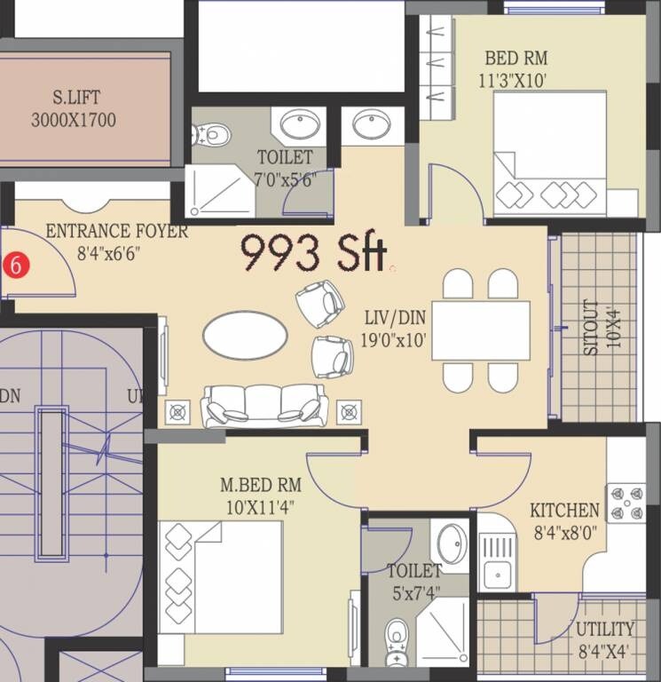 Floor plan of 2 BHK 993 Sq. Ft. Apartment in Prajay Megapolis, Hyderabad