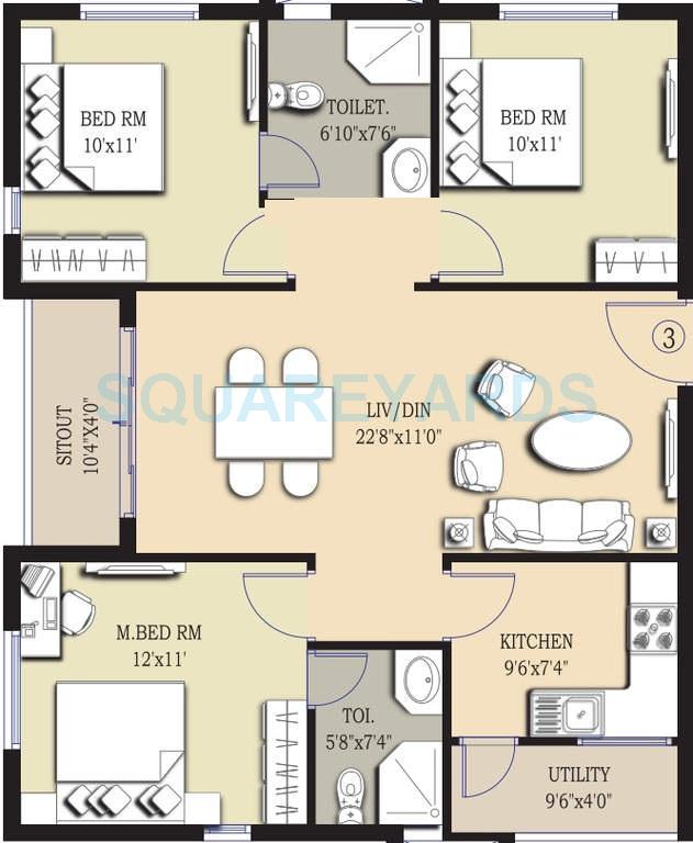 Floor plan of 3 BHK 1179 Sq. Ft. Apartment in Prajay Megapolis, Hyderabad