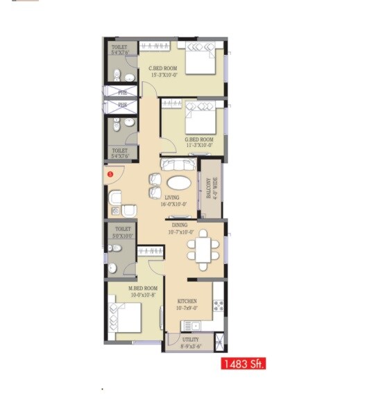 Floor plan of 3 BHK 1483 Sq. Ft. Apartment in Prajay Megapolis, Hyderabad