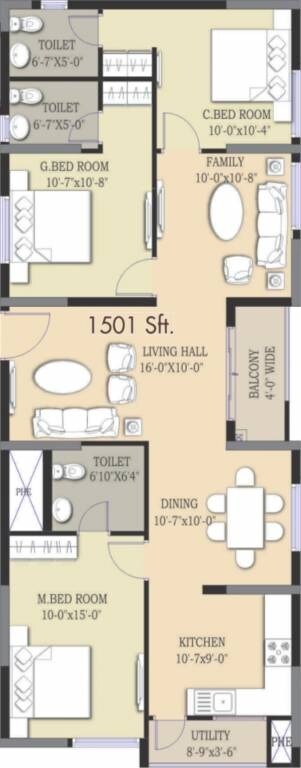 Floor plan of 3 BHK 1501 Sq. Ft. Apartment in Prajay Megapolis, Hyderabad