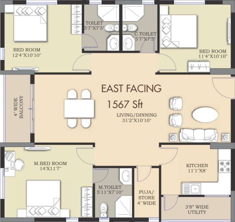 Floor plan of 3 BHK 1567 Sq. Ft. Apartment in Prajay Megapolis, Hyderabad