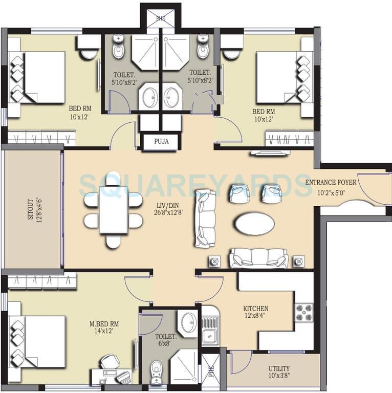 Floor plan of 3 BHK 1606 Sq. Ft. Apartment in Prajay Megapolis, Hyderabad