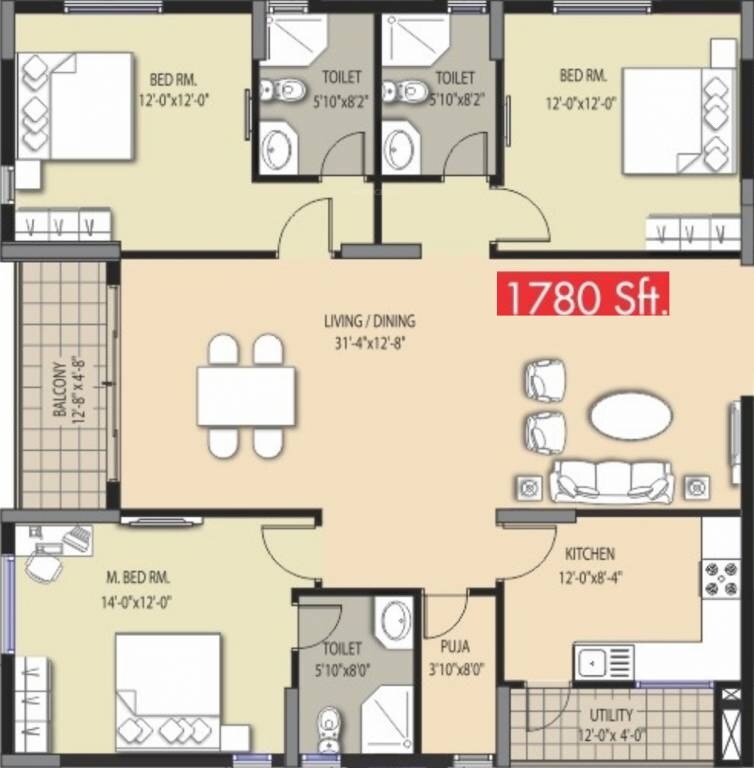 Floor plan of 3 BHK 1780 Sq. Ft. Apartment in Prajay Megapolis, Hyderabad