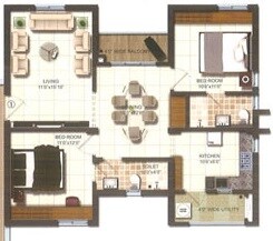 Floor plan of 2 BHK 1100 Sq. Ft. Apartment in Prajay Virgin County Apartments, Hyderabad