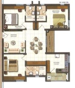Floor plan of 3 BHK 1490 Sq. Ft. Apartment in Prajay Virgin County Apartments, Hyderabad