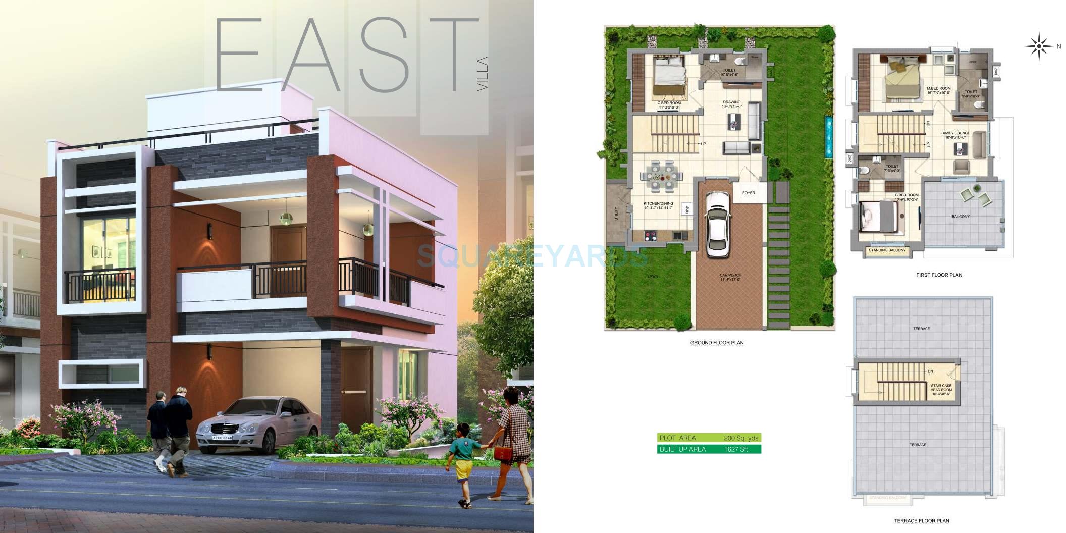 Floor plan of 3 BHK 1627 Sq. Ft. Villa in Prajay Virgin County Villas, Hyderabad
