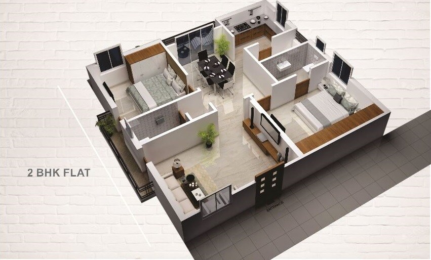 Floor plan of 2 BHK 1240 Sq. Ft. Apartment in Pranathi Eesha, Hyderabad