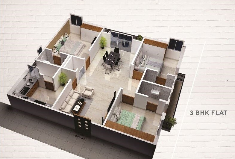 Floor plan of 3 BHK 1550 Sq. Ft. Apartment in Pranathi Eesha, Hyderabad