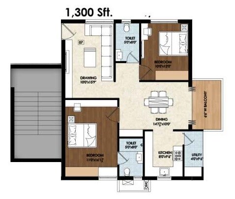 Floor plan of 2 BHK 1300 Sq. Ft. Apartment in Pranathi Kiara, Hyderabad