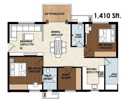 Floor plan of 2 BHK 1410 Sq. Ft. Apartment in Pranathi Kiara, Hyderabad