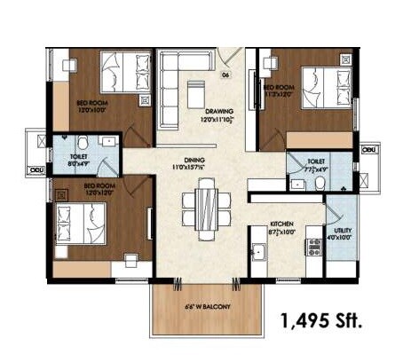 Floor plan of 3 BHK 1495 Sq. Ft. Apartment in Pranathi Kiara, Hyderabad