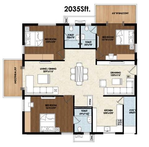 Floor plan of 3 BHK 2035 Sq. Ft. Apartment in Pranathi Kiara, Hyderabad