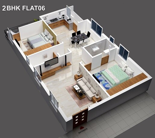 Floor plan of 2 BHK 1290 Sq. Ft. Apartment in Pranathi Panorama, Hyderabad