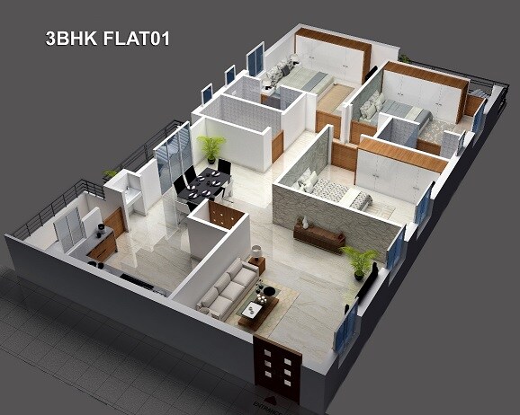 Floor plan of 3 BHK 1625 Sq. Ft. Apartment in Pranathi Panorama, Hyderabad