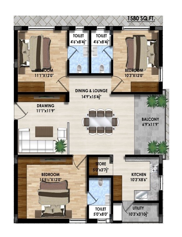 Floor plan of 3 BHK 1580 Sq. Ft. Apartment in Pranathi Sukriti, Hyderabad