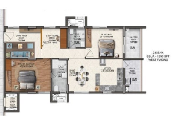 Floor plan of 2 BHK 1355 Sq. Ft. Apartment in Pranava East Crest, Hyderabad