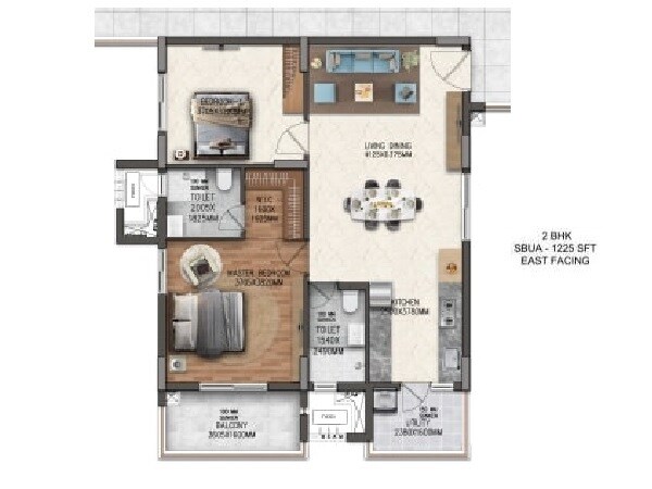 Floor plan of 2 BHK 1225 Sq. Ft. Apartment in Pranava East Crest, Hyderabad