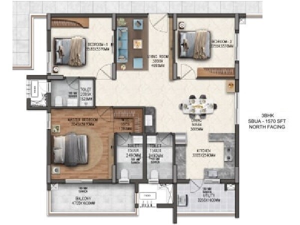 Floor plan of 3 BHK 1570 Sq. Ft. Apartment in Pranava East Crest, Hyderabad