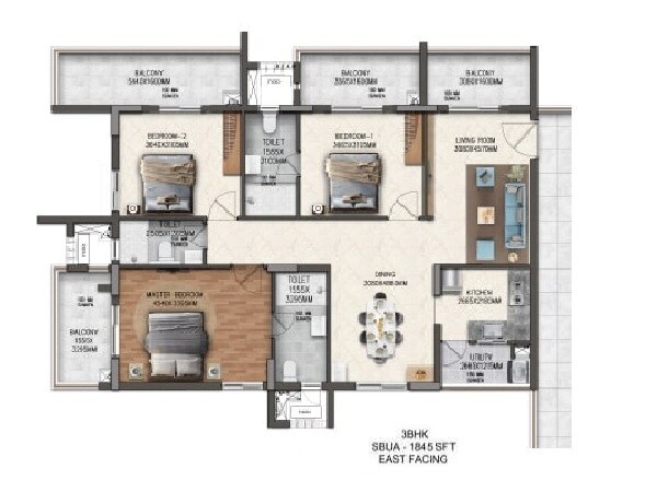 Floor plan of 3 BHK 1845 Sq. Ft. Apartment in Pranava East Crest, Hyderabad