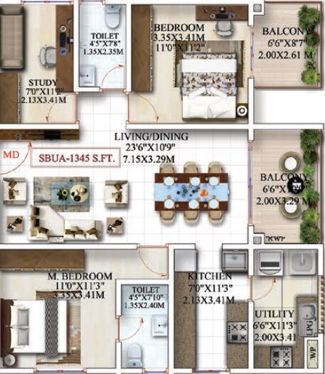 2 BHK 1345 Sq. Ft. Apartment