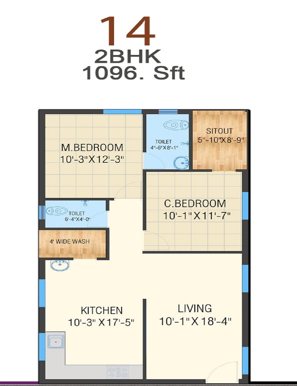 Floor plan of 2 BHK 1096 Sq. Ft. Apartment in Praneeth Pranav Daffodils, Hyderabad