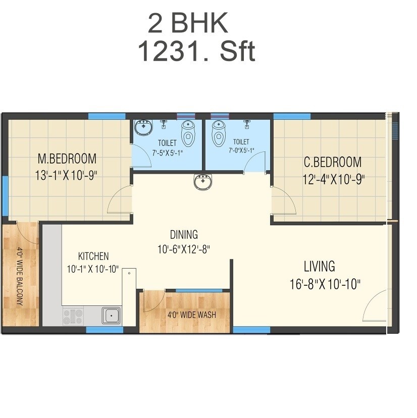 Floor plan of 2 BHK 1231 Sq. Ft. Apartment in Praneeth Pranav Daffodils, Hyderabad