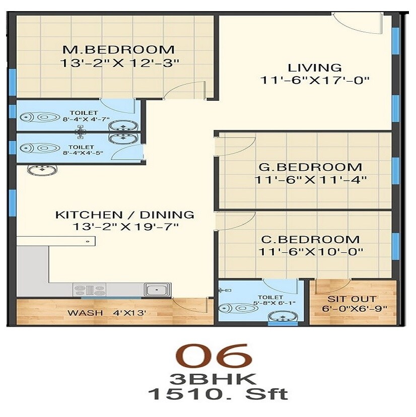 Floor plan of 3 BHK 1510 Sq. Ft. Apartment in Praneeth Pranav Daffodils, Hyderabad
