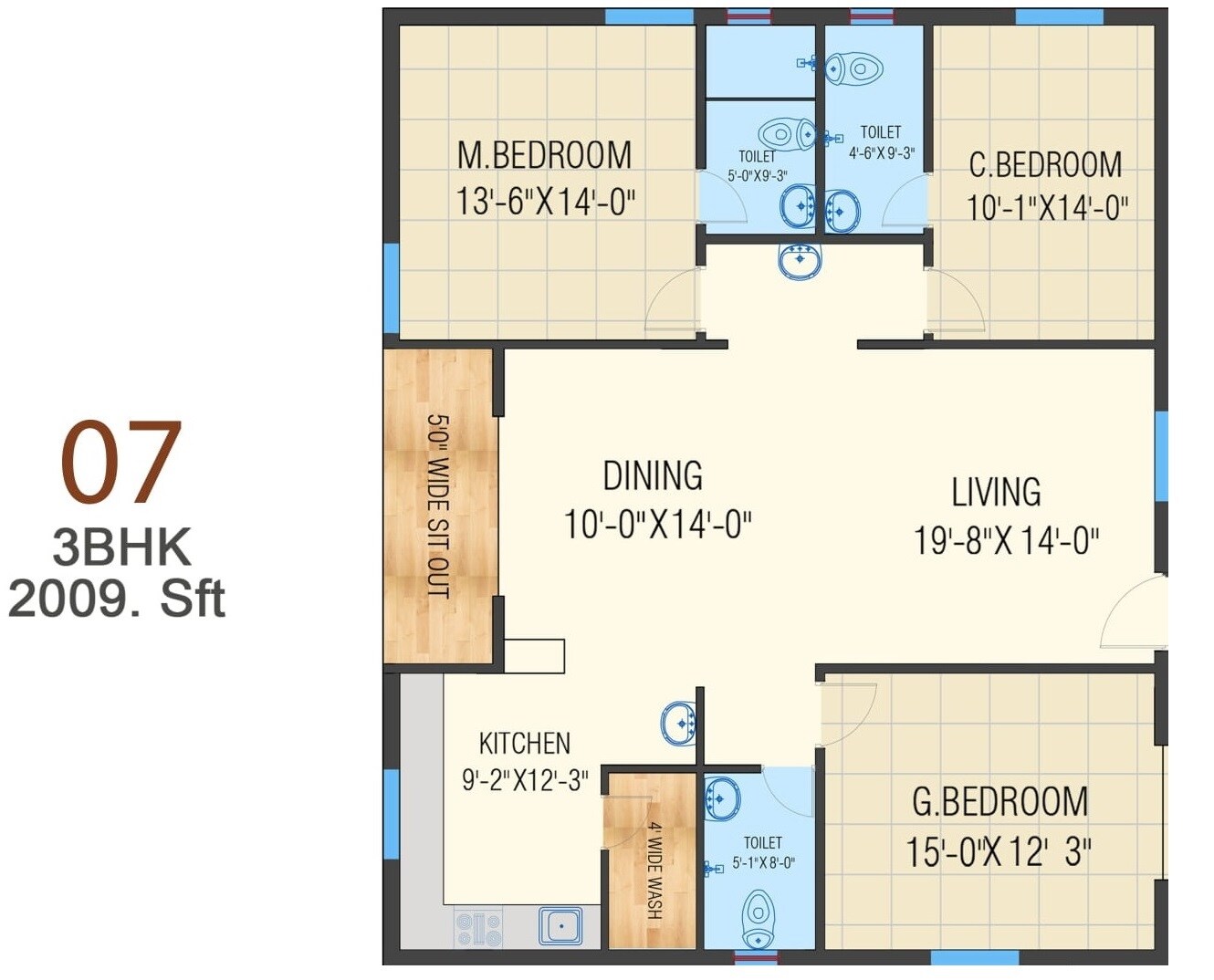 Floor plan of 3 BHK 2009 Sq. Ft. Apartment in Praneeth Pranav Daffodils, Hyderabad